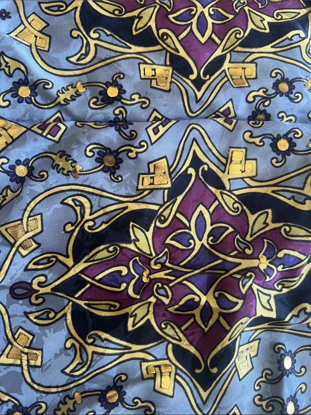 AS Esarp Saf Ipek Pure Silk Turkish Scarf Blue Purple Gold Fringe 52”